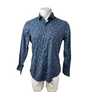 Express Men's Blue Floral Long Sleeve Casual Career Button Down Shirt Top Size L